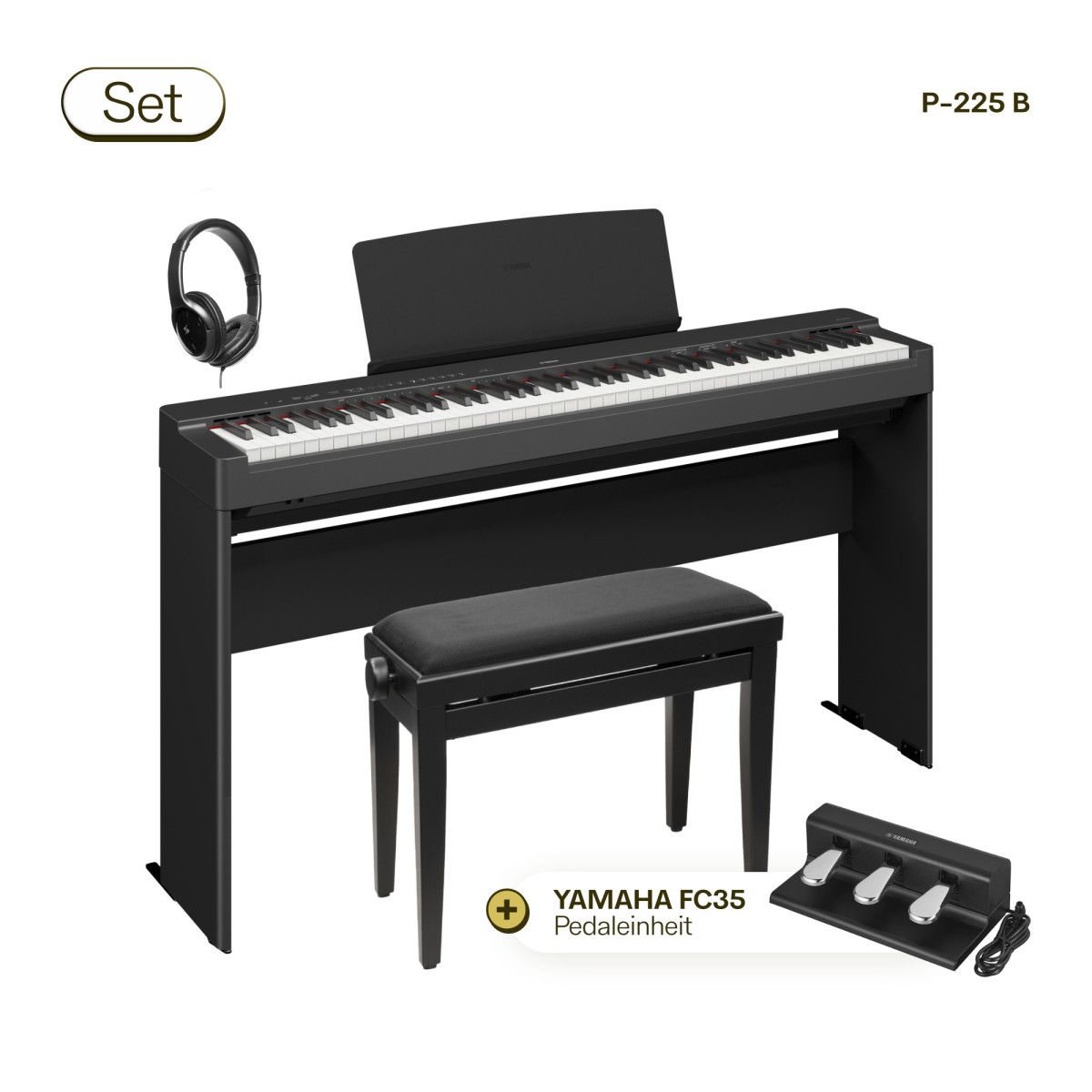 Pianelli Yamaha P-225 Bundle mit Bank aus Massivholz, höhenverstellbar, Original Yamaha Stand, Fußpedal und Stereokopfhörern