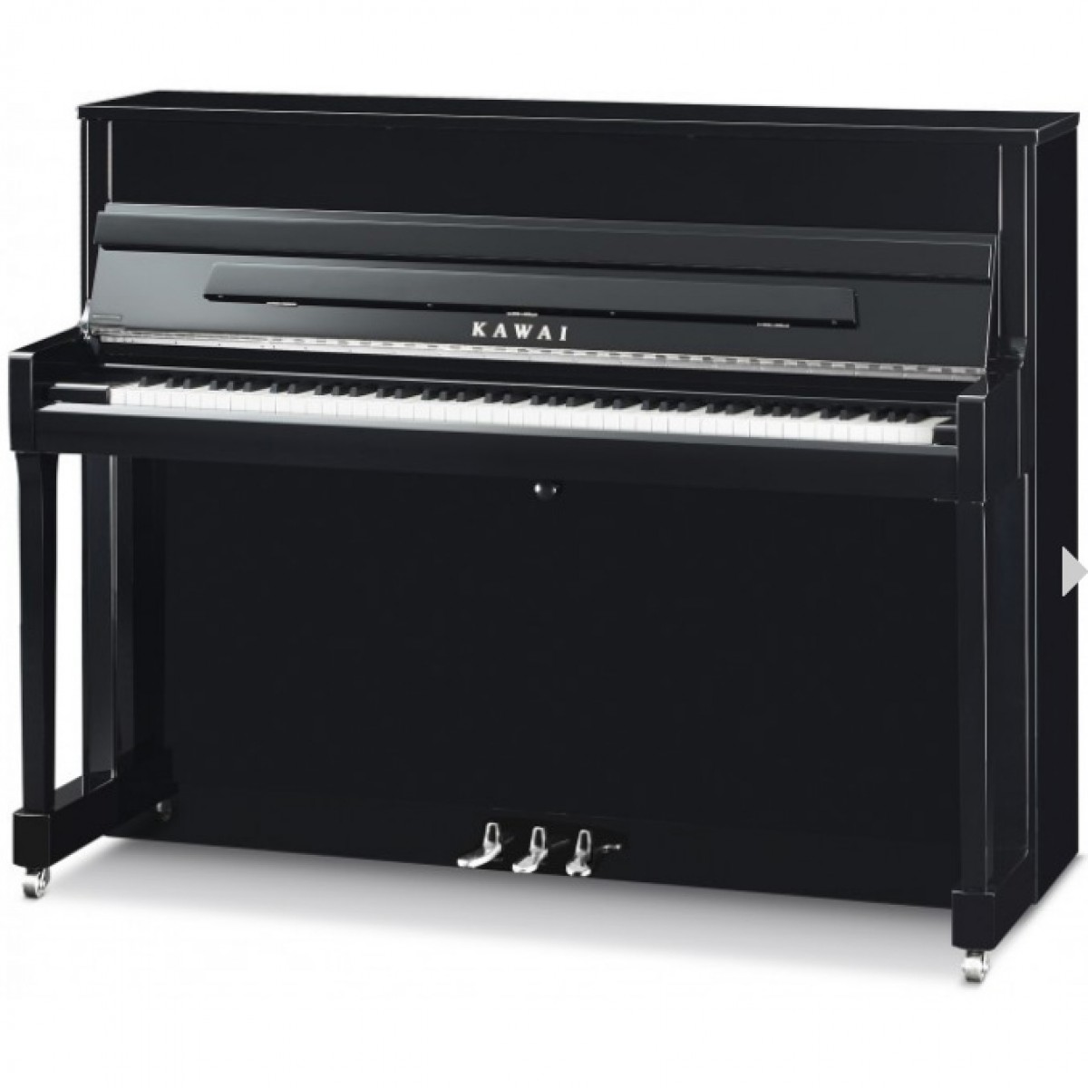 Kawai Klavier K200 schwarz mit Silber Hardware, Ansicht frontal