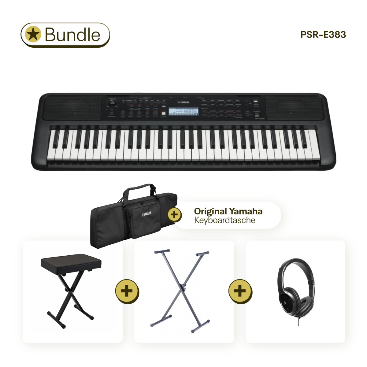 Das Yamaha PSR-E383 im Bundle mit Bank, Kopfhörer, X-Ständer und Original Yamaha Gigbag SC-KB630