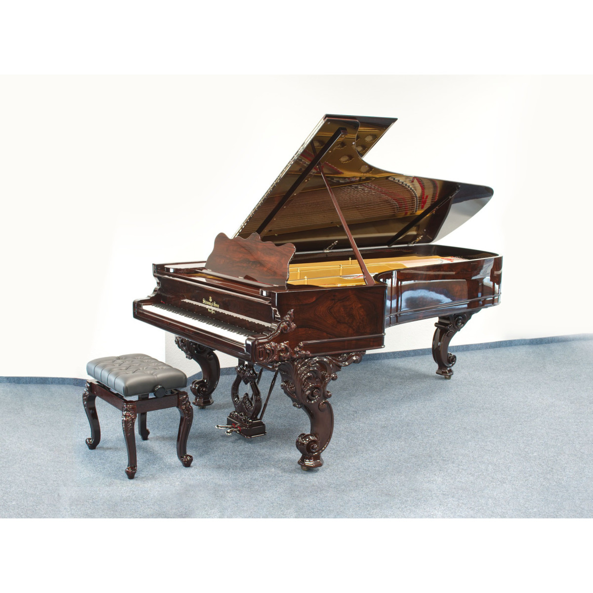 Steinway & Sons Flügel, Modell D, edles Palisander Holz, Bj. 1866, Konzertflügel, gebraucht - Ansicht: schräg seitlich inkl. hochwertiger Flügelbank