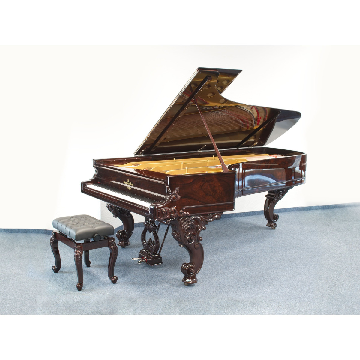 Steinway & Sons Flügel, Modell D, edles Palisander Holz, Bj. 1866, Konzertflügel, gebraucht - Ansicht: schräg seitlich inkl. hochwertiger Flügelbank